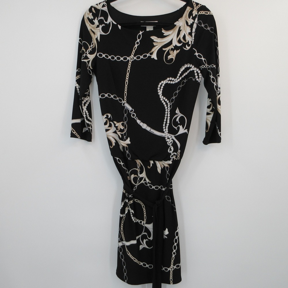 White House Black Market Black Baroque Chain Print Blouson Dress XS 3/4 Sleeve